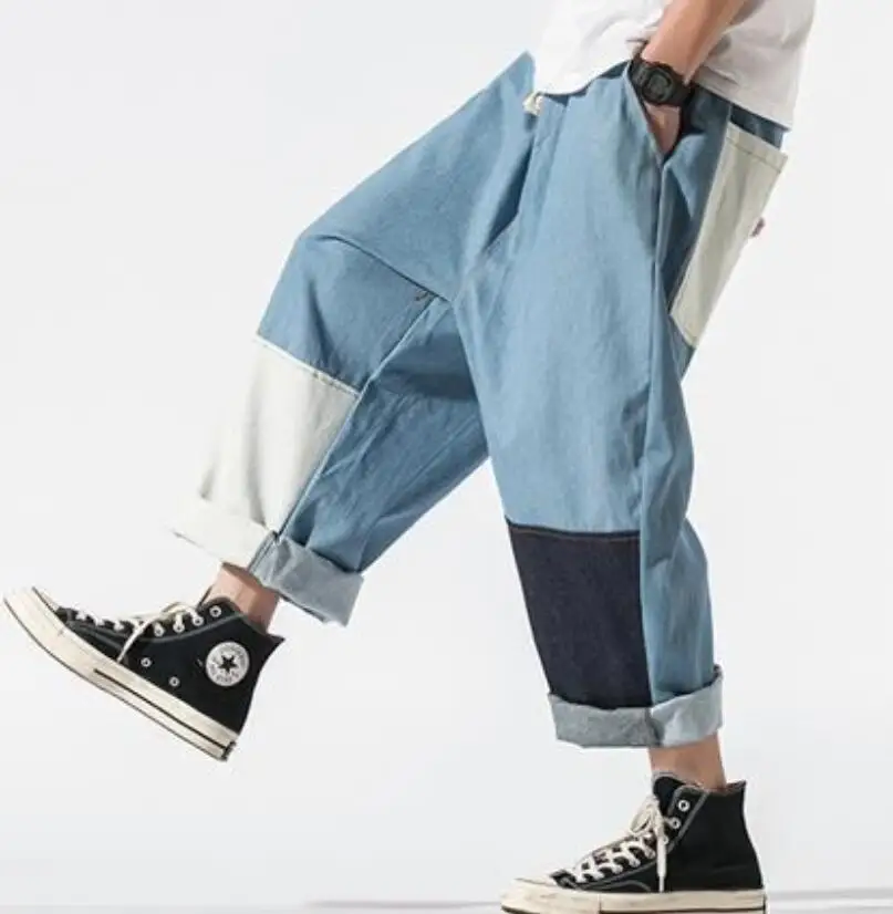 Men's Jeans Patchwork Wide-Leg Jeans Men Loose Straight Oversize Size Retro Harem Pants