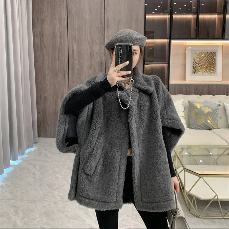 Teddy Bear Shawl Jacket Female Autumn Winter Camel Jacket Gray Sheep Wool Coat Lapel Short Alpaca Silk High-end Fashion Jacket