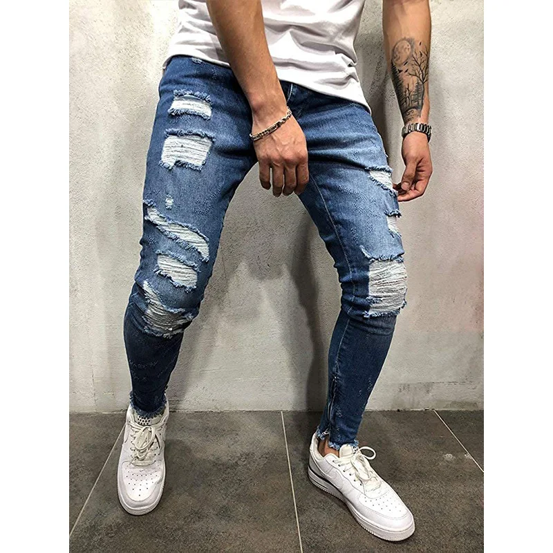 2022 Southeast Asian Men's Elastic Jeans Stripe Printed Jeans Streetwear Men's Blue Dednim Jeans Full Length Pencil Pants