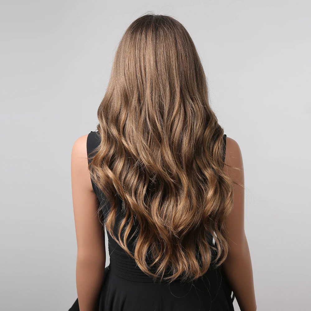 Long Wavy Ombre Brown Natural Hair Wigs Synthetic Wigs Middle Part Cosplay Daily Wigs for African American Women Natural Looking