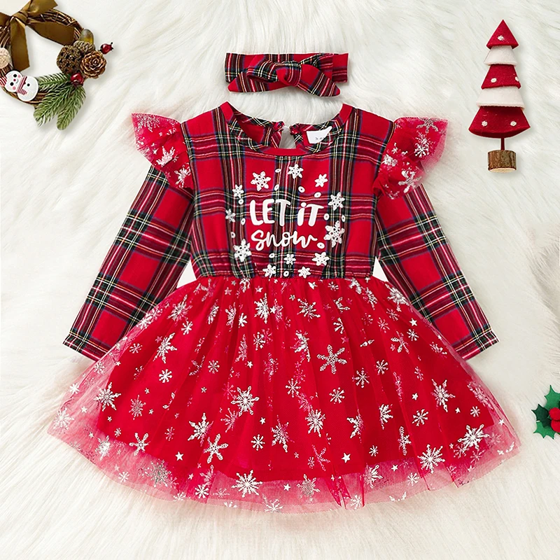 

Toddler Girls Christmas Tulle Patchwork Dress Long Sleeve Ruffle Plaid Letter Print Dress with Headband