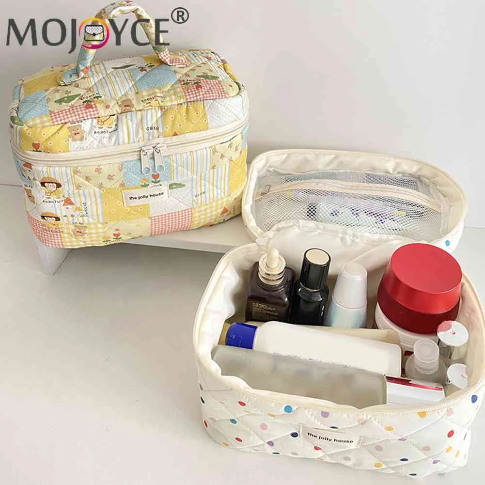 

Стеганая хлопковая косметичка, портативный органайзер на молнии для хранения косметики, вместительная уличная дорожная женская сумочка