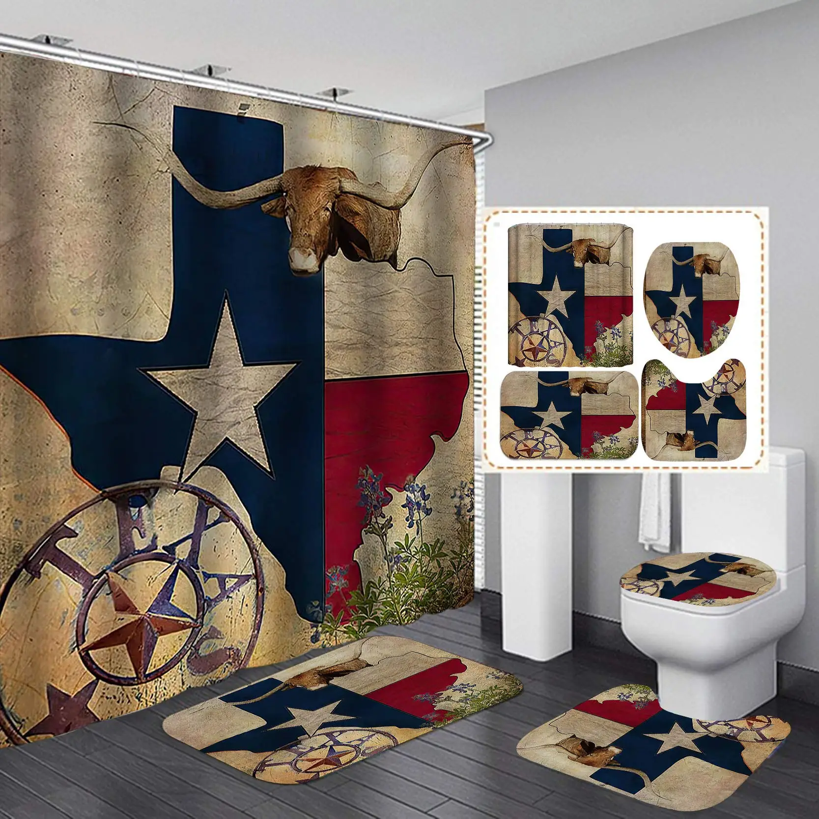 

Тропический душ, Патриотический американский флаг, сарай, звезда, винтажные коричневые деревенские деревянные доски, деревенский Западный декор для ванной комнаты