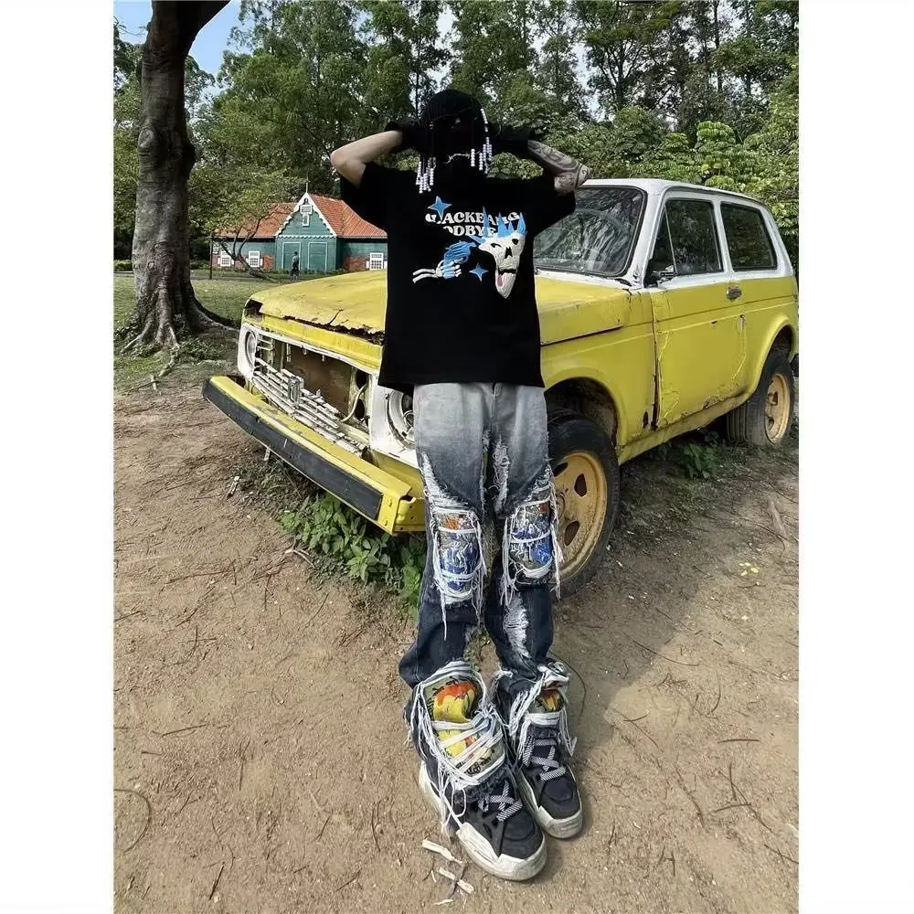 Embroidered jeans men's autumn straight tube loose high street fashion brand hole wide leg simple temperament Harlan couple pant