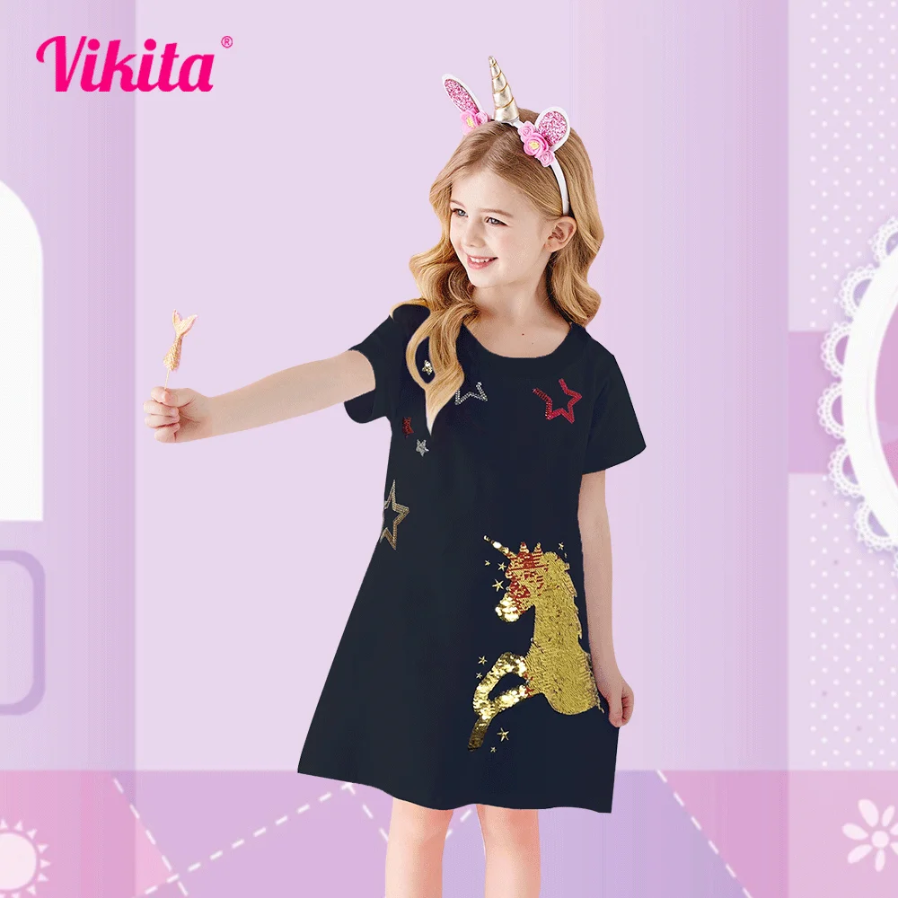 VIKITA Girls Dress Children Vestidos Elegant Dress Kids Princess Dresses for Girl  Cotton Cute Clothes Casual  Short Sleeve