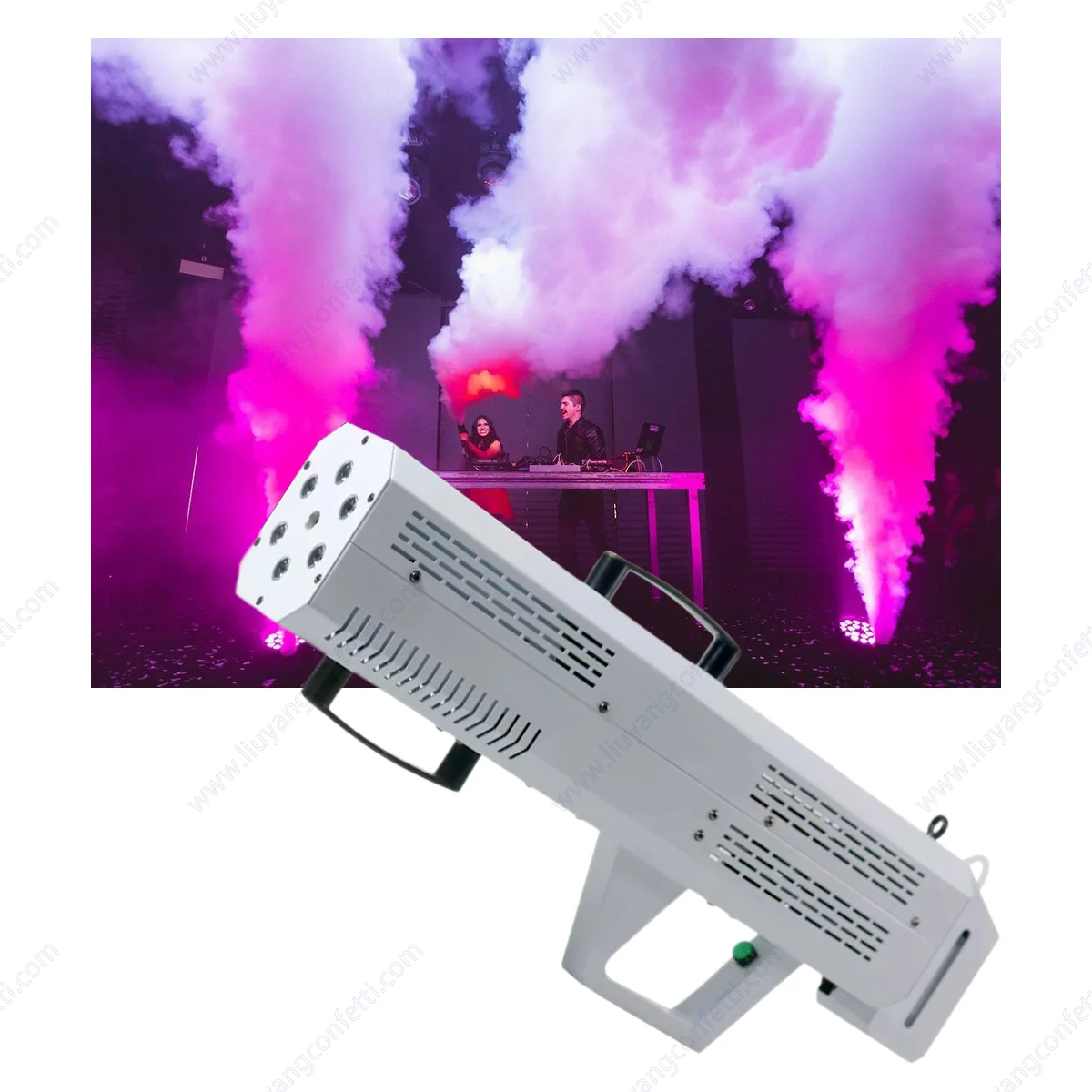 Фото Ручной держатель Портативный ночной клуб Dmx Disco Dj Party Smoke Gun Shooter Led Лазерные противотуманные фары Спрей для запотевания RGB Smoke Co2 Jet Machine №5
