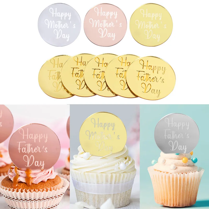 

10pcs Happy Father's Day Mother's Day Acrylic Mirror Rose Gold Silver Gold Round Cupcake Topper DIY Baking Dessert Party Decor