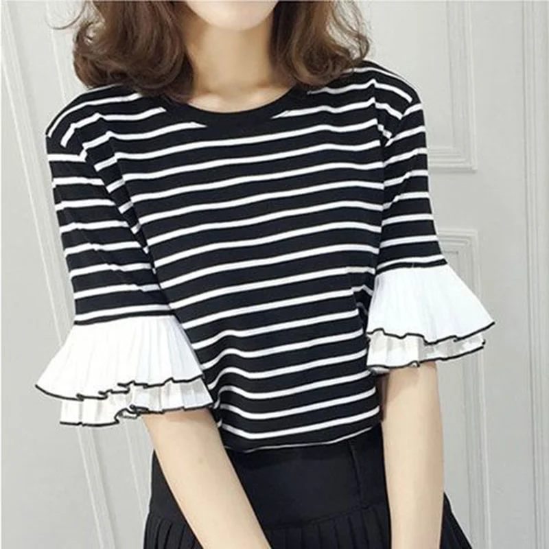 Fashion O-Neck Striped Flare Sleeve Blouse Women's Clothing 2023 Summer New Casual Pullovers Loose Office Lady Shirt