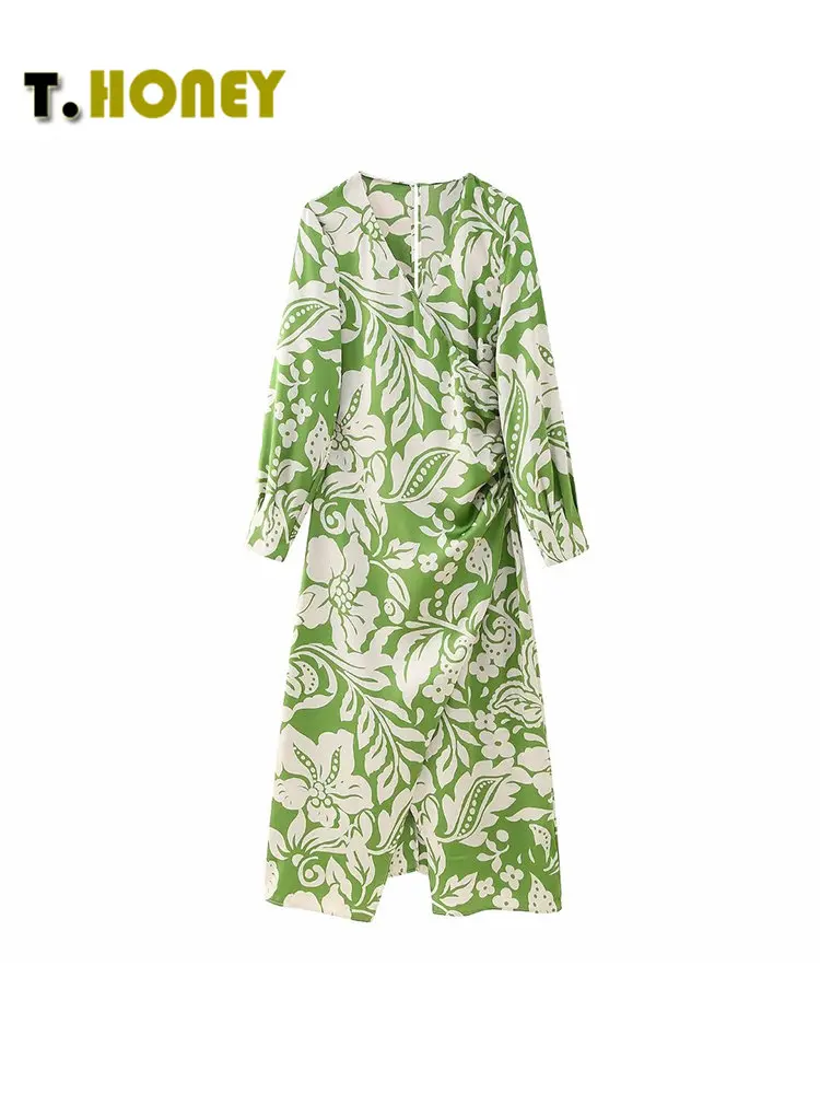 

TELLHONEY женское модное платье с V-образным вырезом и принтом, с длинными рукавами, с молнией сзади, с вырезами, трапециевидные плиссированные п...