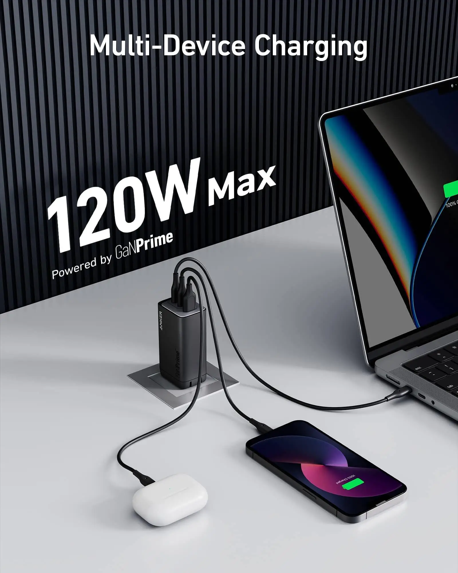 Зарядное устройство Anker 120 Вт 737 USB C GaNPrime PPS 3-портовое быстрое компактное складное