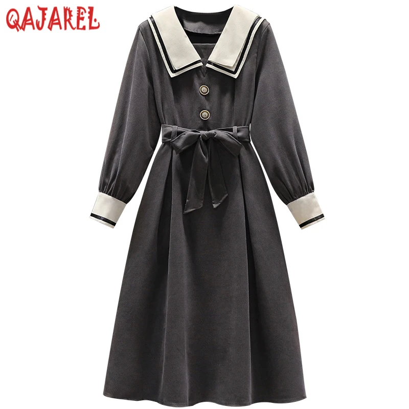 

Женское платье миди с матросским воротником, черное элегантное облегающее Повседневное платье с длинным рукавом, корейские винтажные платья Хепберн, весна-осень 2023