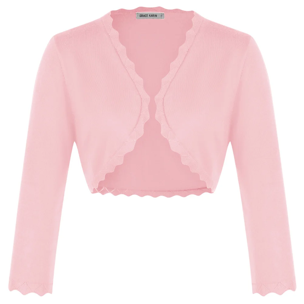 

GK Women Scalloped Trim Cardigan Sweater 3/4 Sleeve Open Front Knitted Shrug