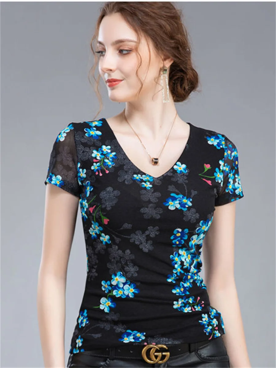 Женская весенне-летняя блузка с V-образным вырезом и цветочным принтом g2192 4XL
