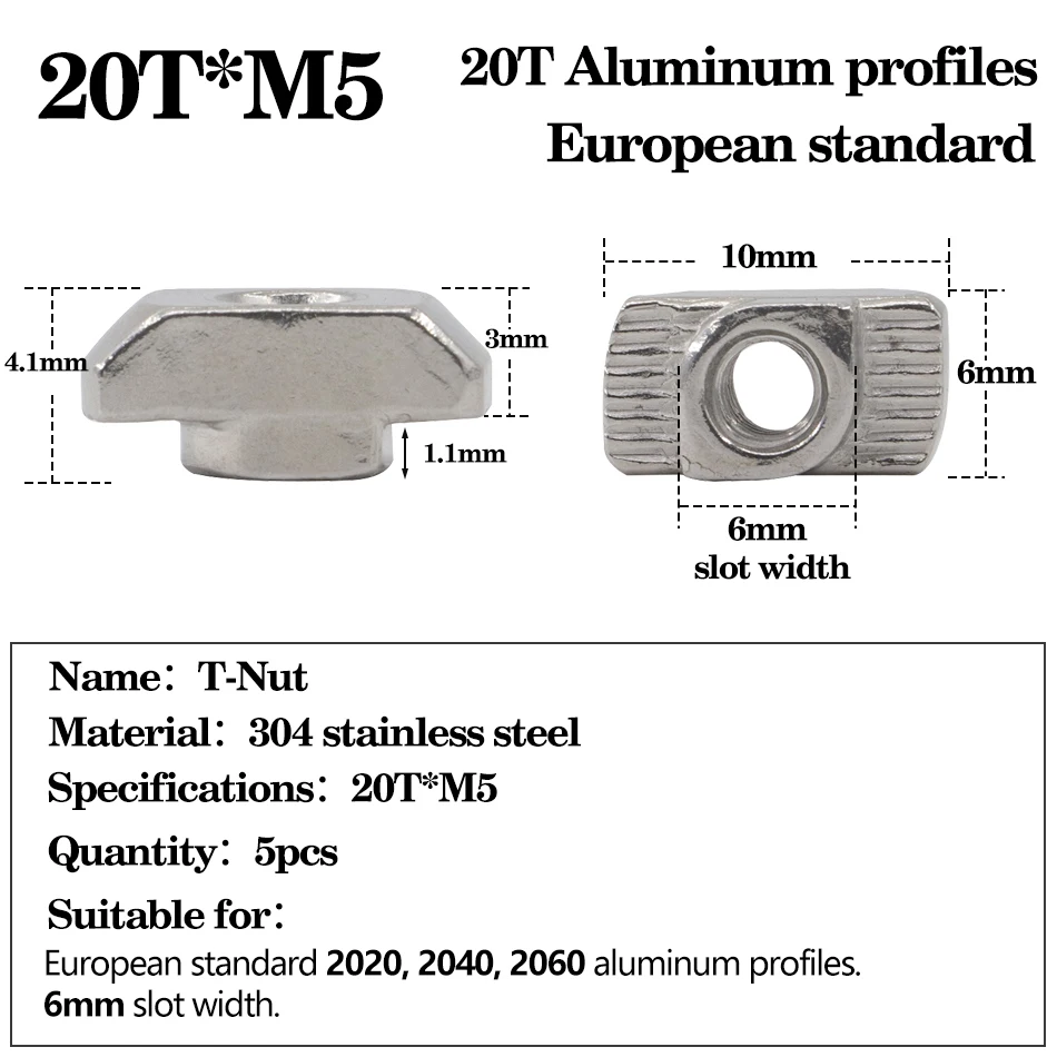 

5 шт., Т-образная гайка из нержавеющей стали 304, фитинги, Т-образная гайка, тип M3M4M5M6M8, 20/30/40/45