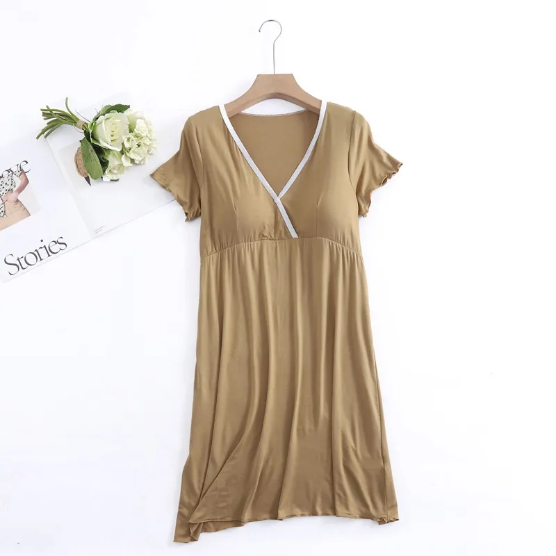 Summer Casual Bra Sleepdress For Pregnant Women Elastic Nightdress Women's Modal V-Neck Short Sleeve Nightwear Fashion Home