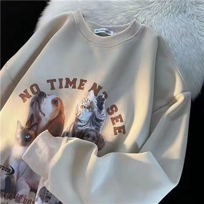 Свитшот женский хлопковый с принтом в виде забавного кота и собаки | Женская
