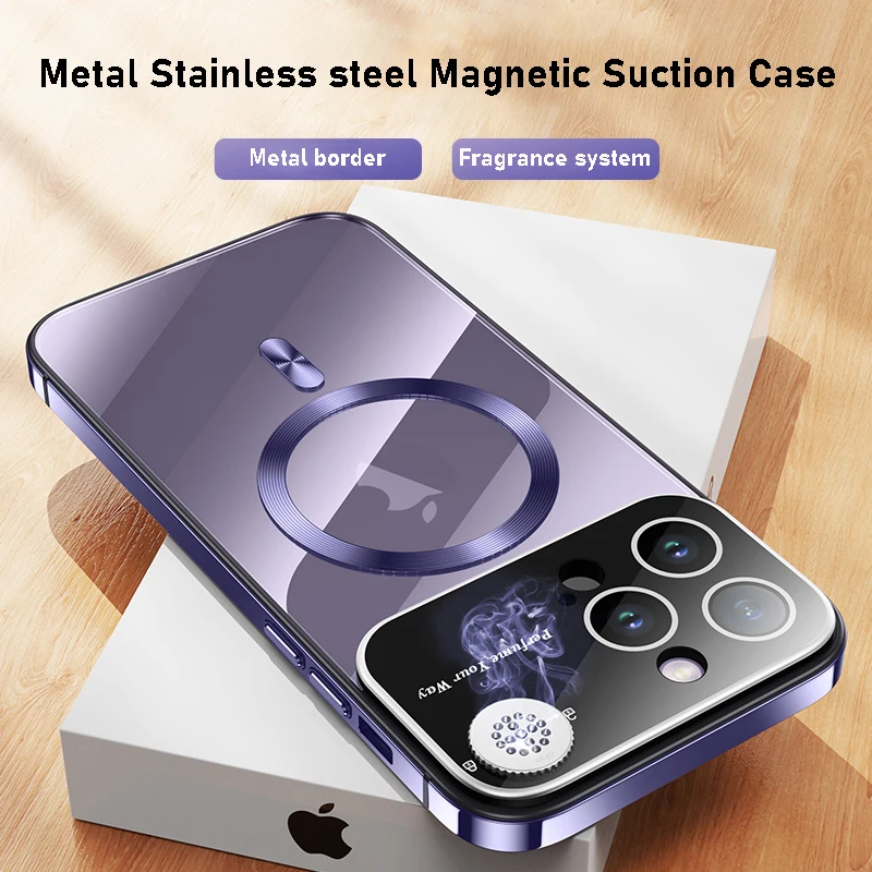 

For iPhone 14 13 Pro Max Case Metal Stainless Steel frame Magnetic suction Full Camera Lens Original Color back protective cover