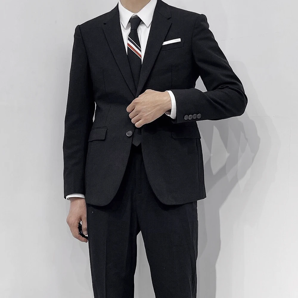 

Классический костюм TB, куртка, высококачественный осенне-зимний облегающий Однорядный костюм из чистой шерсти с двойной пряжкой, мужской чистый черный повседневный костюм