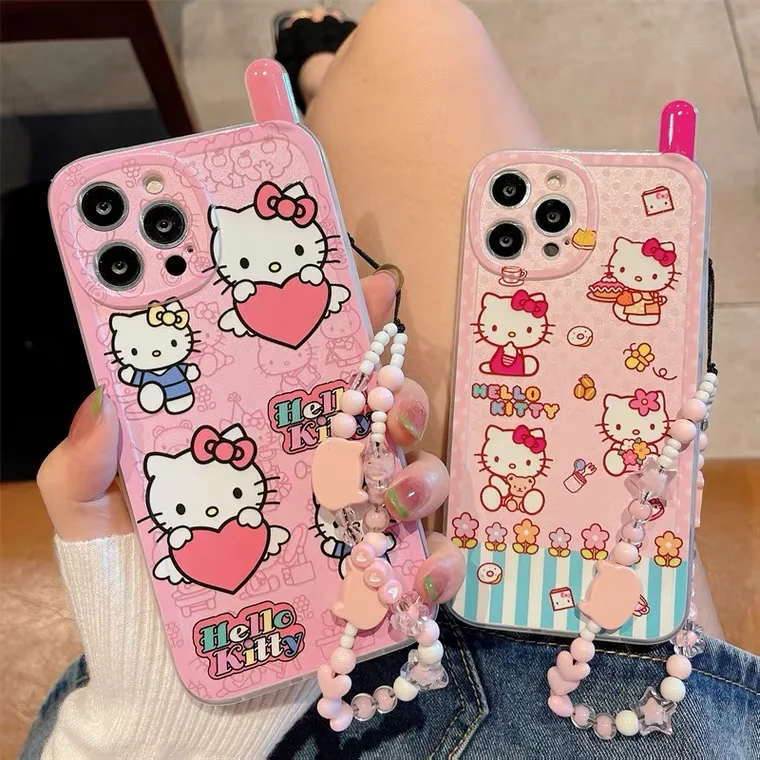 

Japan Cute Hello Kitty Kawaii Bracelet Phone Cases For iPhone 13 12 11 Pro Max XR XS MAX X Shockproof Soft Shell Y2k Girl Gifts