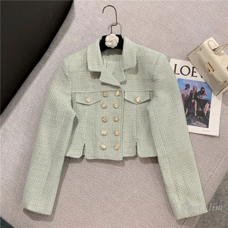 

Женское твидовое пальто, зеленое шерстяное двурядное приталенное пальто, модная короткая одежда, осень 2022