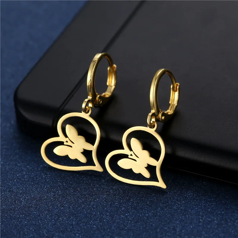 

Geometric Heart Butterfuly Stainless Steel Drop Earrings Set For Women Trendy Pearl Butterfly Earrings 2022 New Party Jewelry