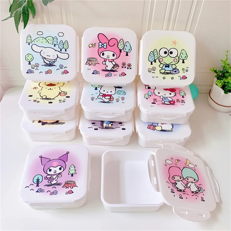 

Kawaii Japanese Sanrioed Portable Lunch Box Cute Cartoon MyMelody Cinnamoroll Kuromi Kitty Square Buckle Food Sealed Storage Box