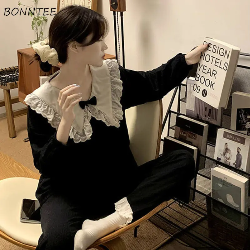 

Индивидуальные женские комплекты одежды для сна, Корейская одежда с бантом, мешковатый Питер-темпер, из двух частей, модная Пижама с воротни...