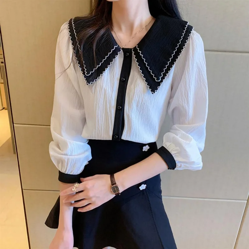 2022 Spring New Contrast-Color Doll Collar Long Sleeve Fashion Blouse Korean Woman Roupas Femininas 3XL Chiffon Blouse Women's