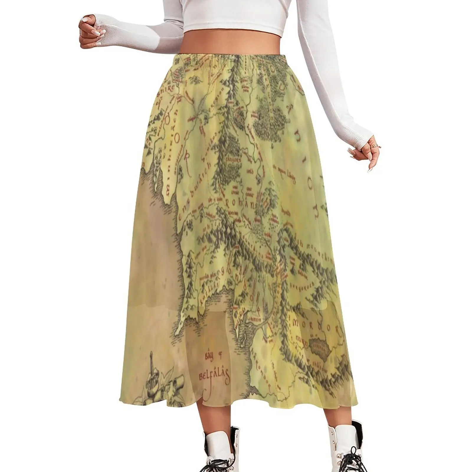 

Middle Earth Map Skirt World Maps Print Beach Boho Skirts Summer Fashion Elastic Waist Chiffon Graphic Oversized Casual Skirt
