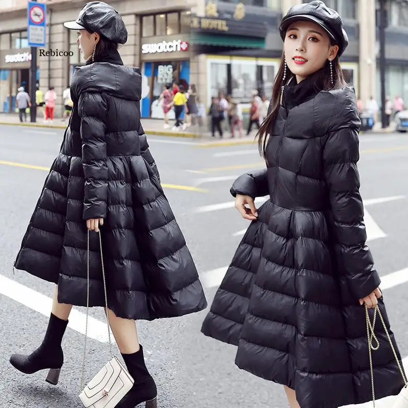 Winter Woman Padded Jacket Long Slim Waist Female Overcoat Ultra Light Slim Solid Jackets Swing Coat Parkas New