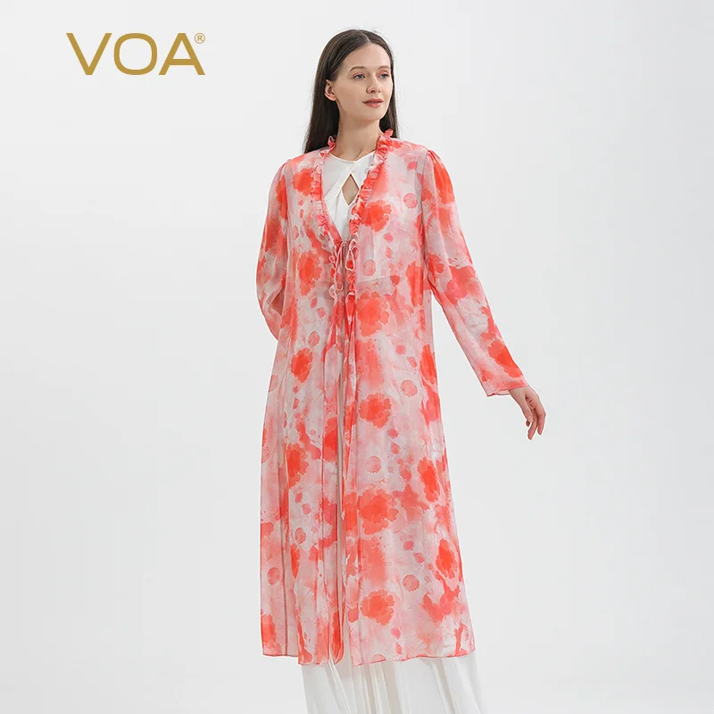 

VOA 12 Momme Georgette Mulberry Silk Bohemia Watercolor Woman Jacket Long-sleeved Loose Breathable Thin Long Coat Women WE192