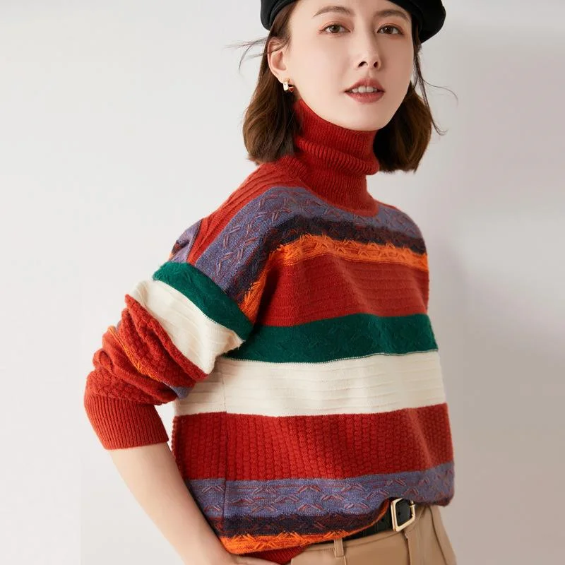 

Fashion Turtleneck Women Sweater Knitted Stripe Popular Sweaters Women Vintage Warm Knit Sweater Leisure Casual Female Tops