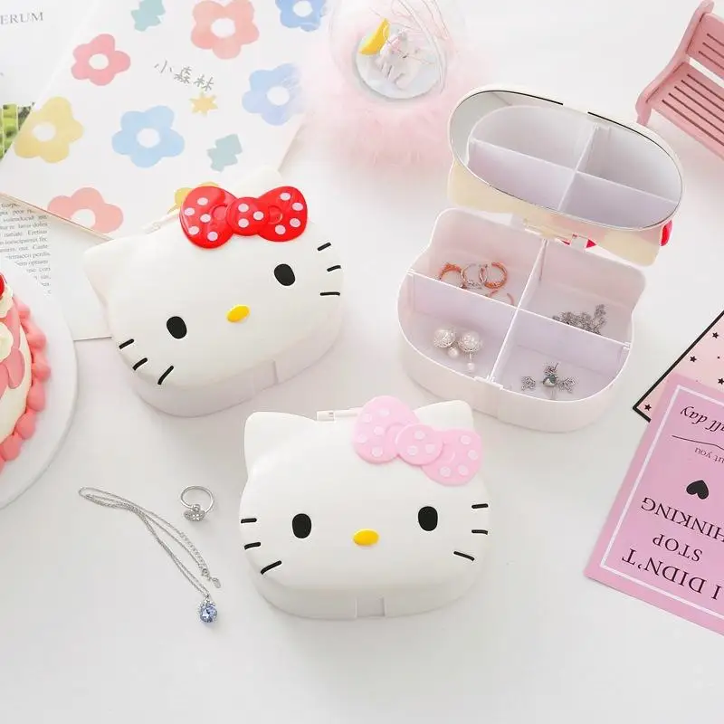 

Kawaii Anime Hello Kitty Desk Mirror Cosmetic Case Sanrio Cute Cartoon Character Kt Cat Girly Heart Jewelry Organizer Girls Gift
