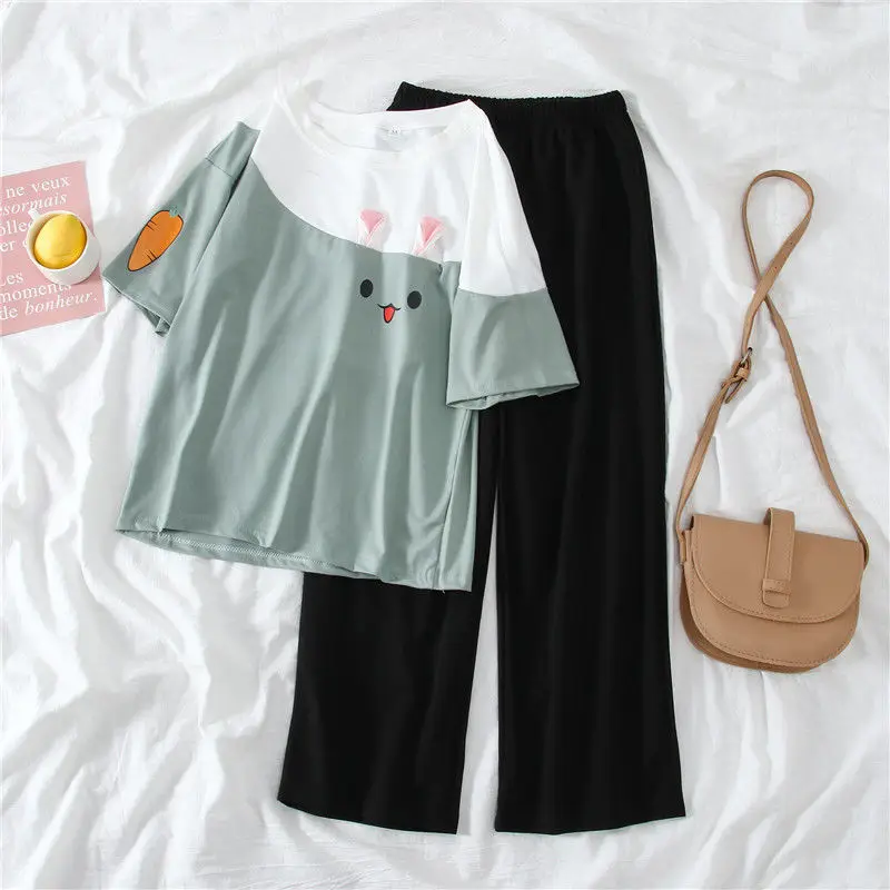 Кавайная рубашка и брюки костюм для женщин 2022SS повседневная женская футболка из