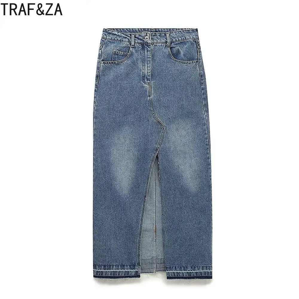 

TRAF 2023 Women Spring Fashion Street Style Zipper Fly High Waist Denim Midi Skirt Young Side Pockets Split Skirt Faldas De Moda