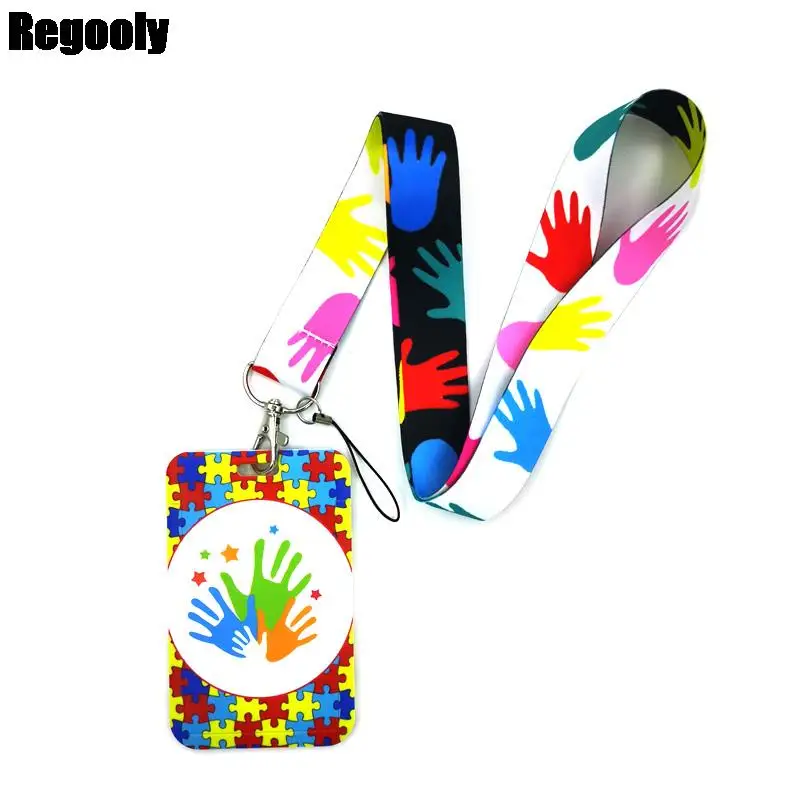 Autism pattern palm Art Cartoon Anime Fashion Lanyards Bus ID Name Work Card Holder Accessories Decorations Kids Gifts