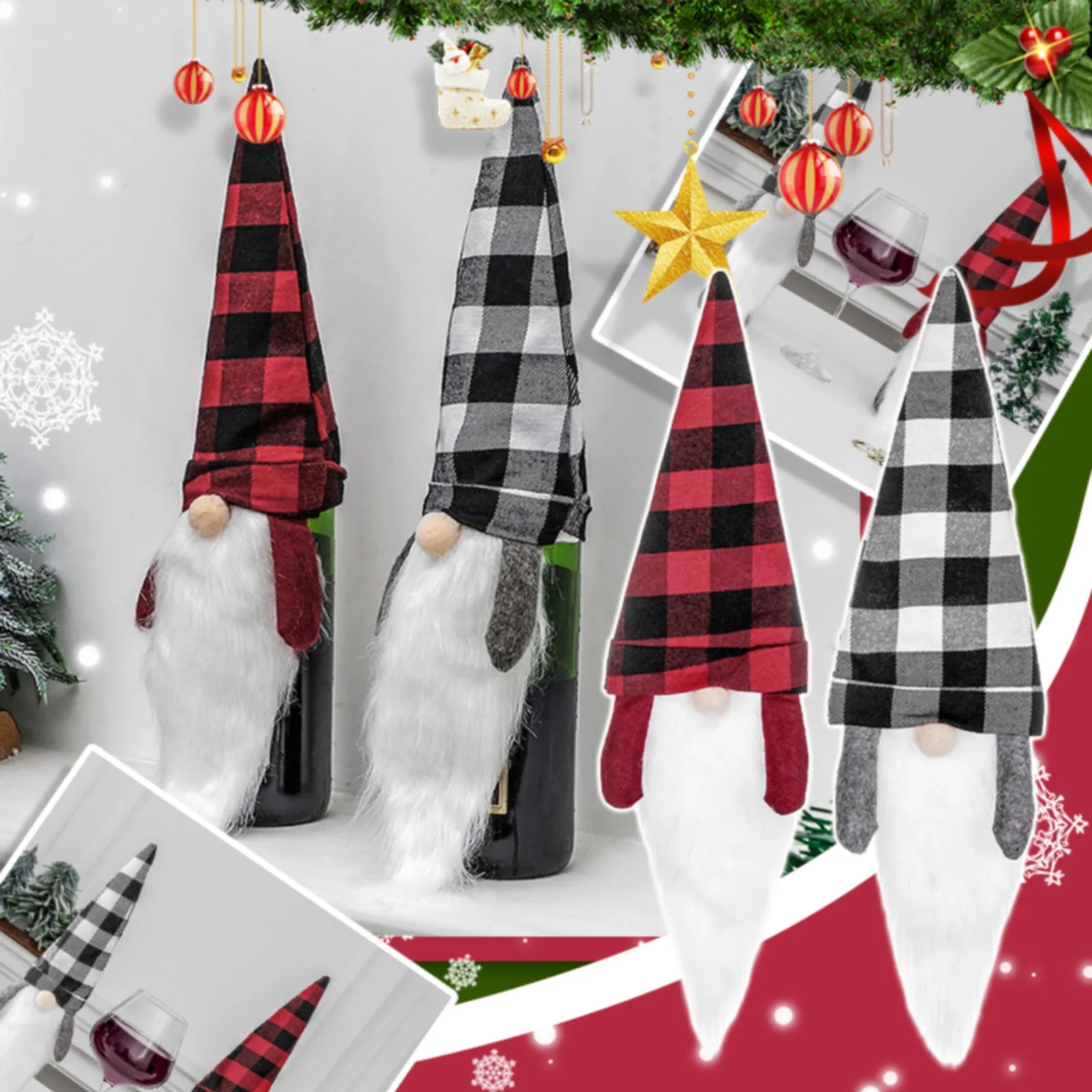 Christmas Plaid Wine Bottle Cover Handmade Hat Wine Bottle Topper Cover Christmas Decorations Party Holiday Champagne Flutes