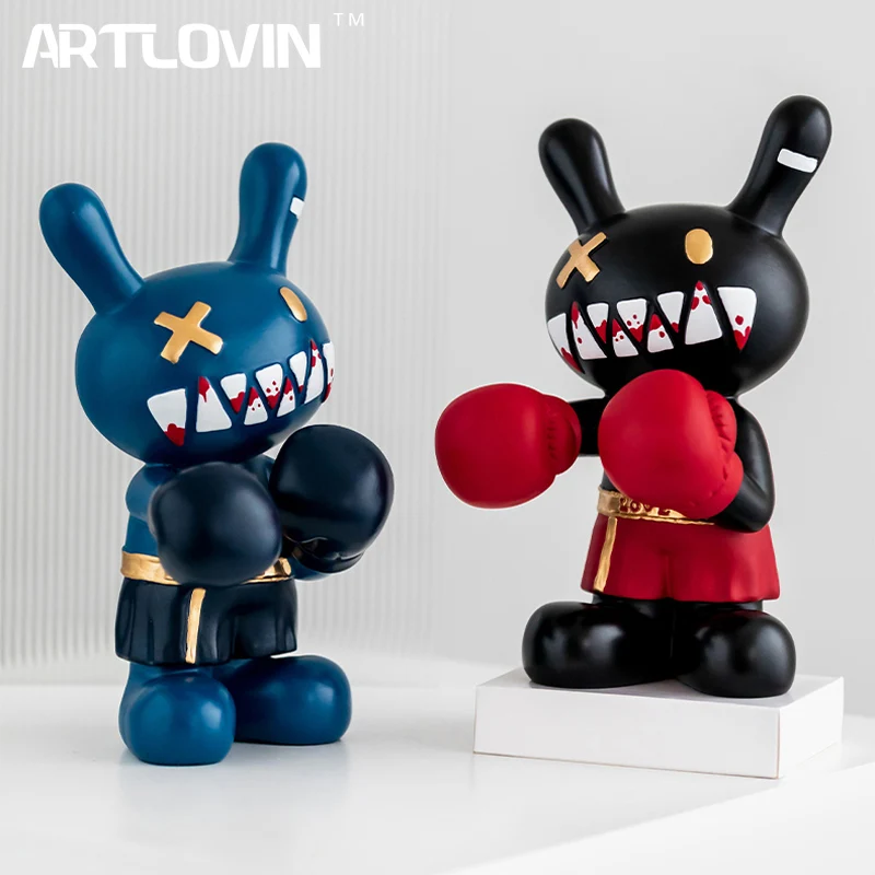 

Modern Home Decor Boxing Rabbit Sculptures Violent Bunny Shelf Decorative Figurines Animal Statue For Bookcase Cabinet Ornaments