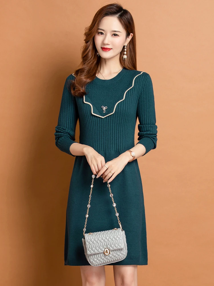 Трикотажное платье Женское осенне-зимнее новое пуловер средней длины с круглым