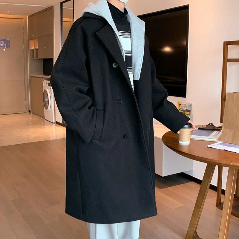 

Winter Thicke Woolen Coat Men Warm Fashion Casual Long Woolen Coat Men Korean Loose Hooded Trench Coat Mens Overcoat M-2XL