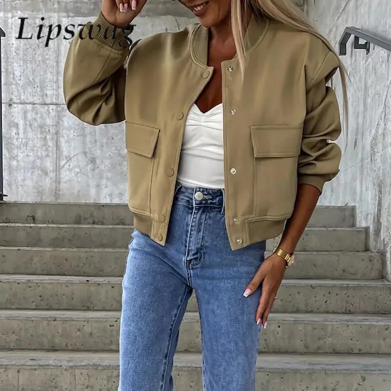 

Casual Vintage Baseball Uniform Coat Fashion Buttoned Long Sleeve Women Jackets Autumn Winter Stand Collar Pockets Outerwear Top