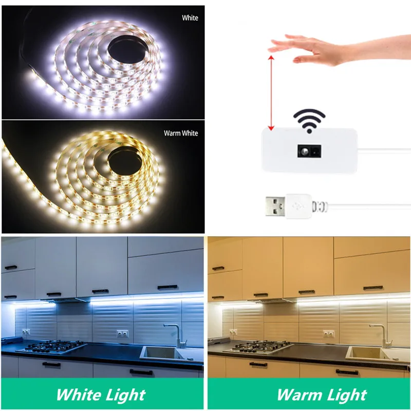 

5V Closet Light Kitchen Bedroom Night Lamp USB LED Strip Hand Sweep Waving ON OFF Motion Sensor Light Under Cabinet Lights LED
