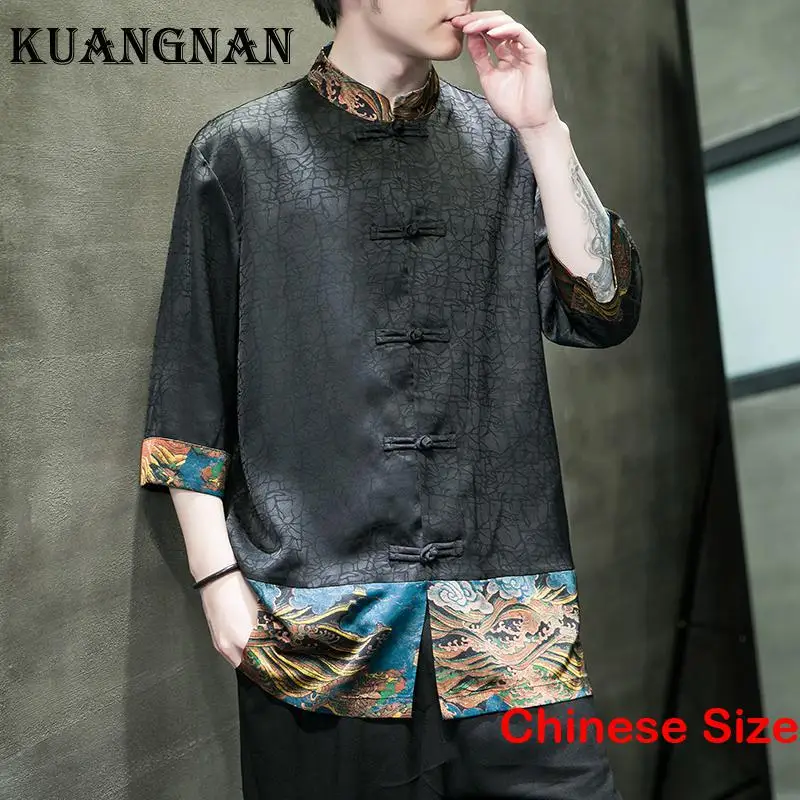 

KUANGNAN Ice Silk Social Shirt Men's Clothing Shirts for Mens Clothes Korean Style Black Top Half Sleeve Cool 5XL 2023 Summer
