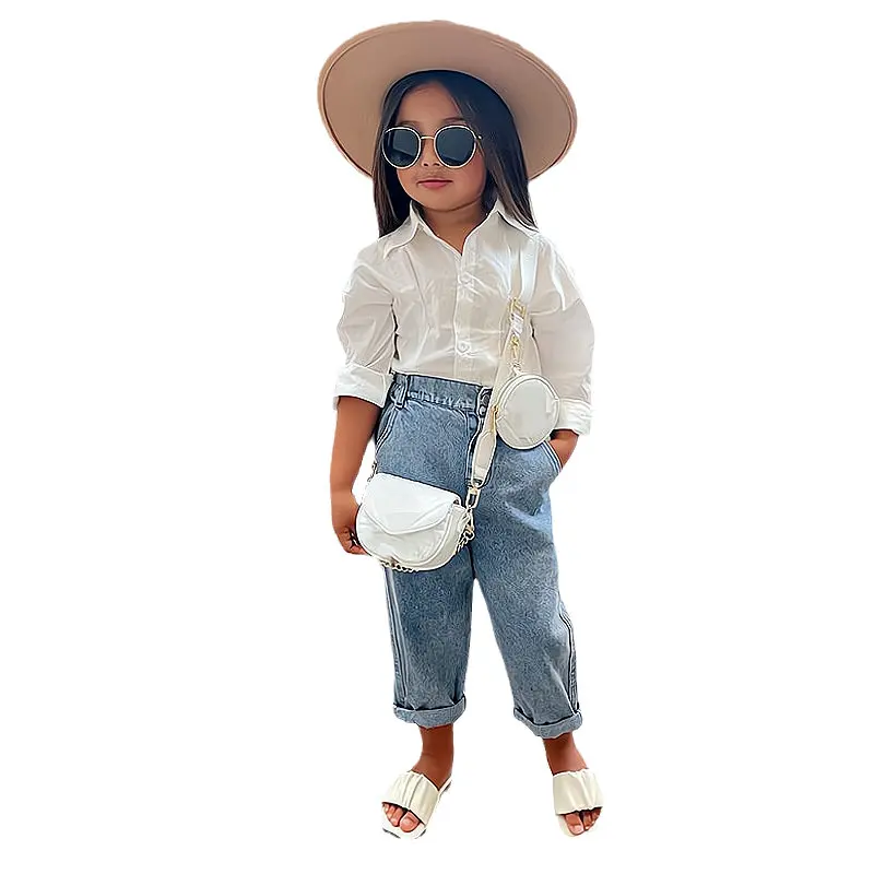 

1-10Years Young Children's Girl Clothes 2pcs/set Autumn Long Sleeve White Blouse Shirt+Jeans Denim Pants Toddler Kids Girls Suit