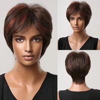 short straight synthetic wigs brown with highlight wigs with pixie cut bangs for women party natural hair wig heat resistant