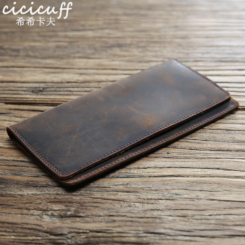 

Genuine Leather Men Wallets Crazy Horse Cowhide Male Vintage Handmade Long Slim Thin Wallet Card Holder Billfold Purse Carteira