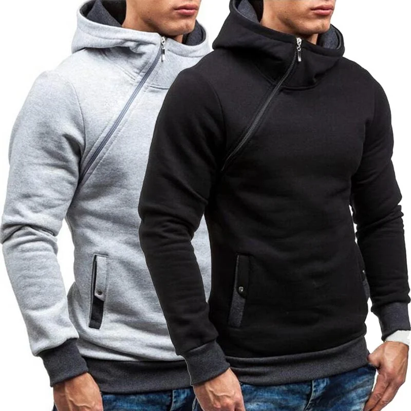 

New Casual Solid Mens Hoodies Diagonal Zipper Long Sleeve Hoodie Sweatshirts Men Hoody Pullover Sweatshirt Hooded Sweat Homme