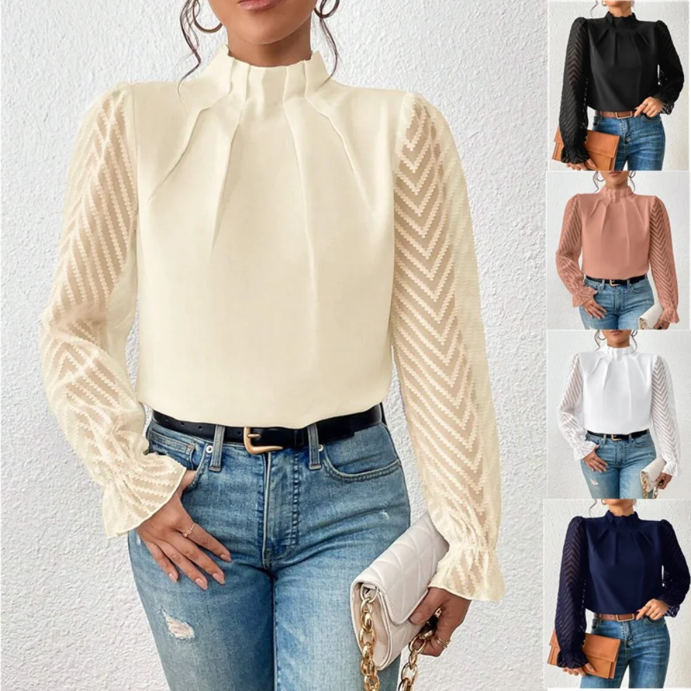 

Women Tops Spring and Autumn Half High Neck Long Sleeved Patchwork Wave Pattern Chiffon Pullover Casual Commuting Blouses