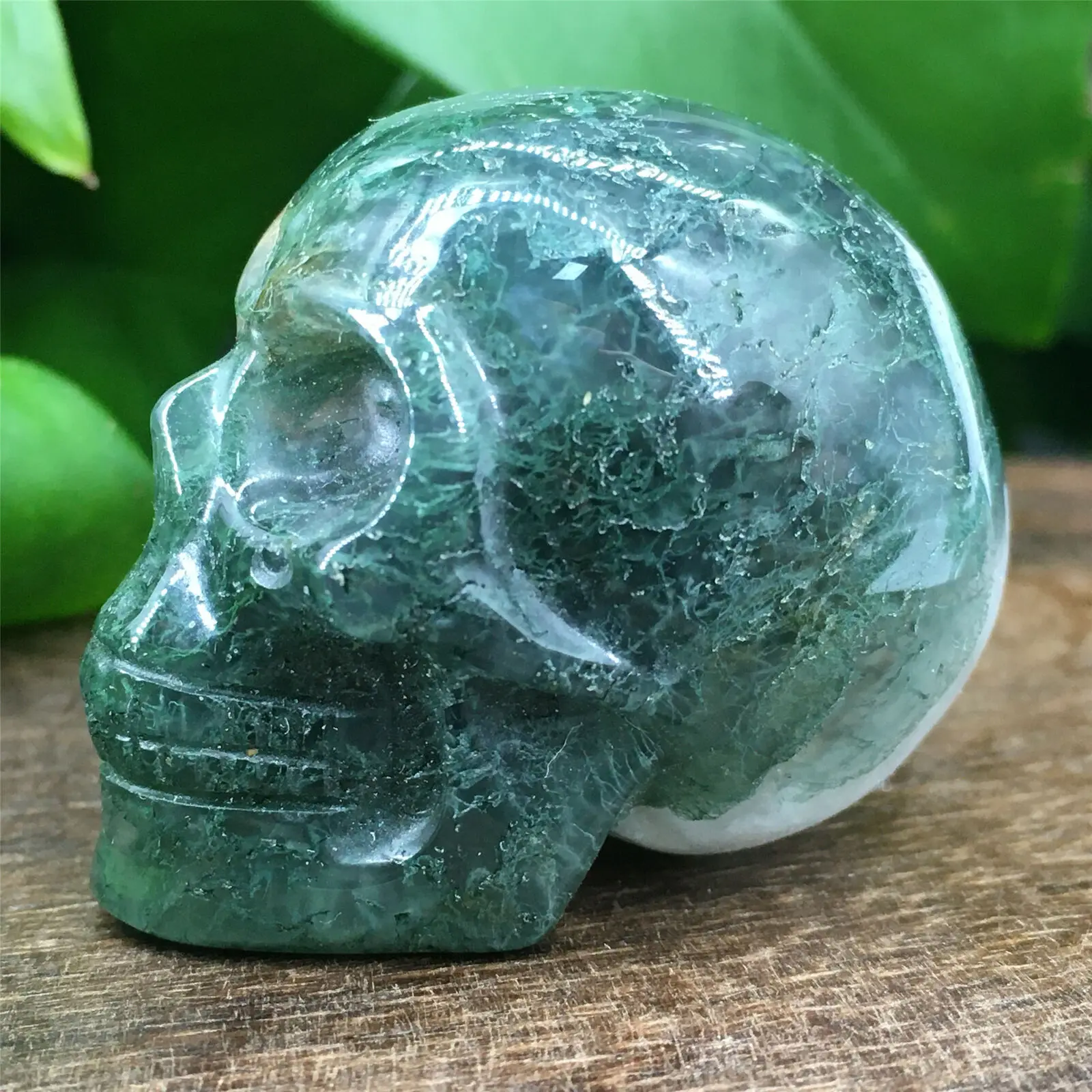 

Natural water grass agate stone quartz hand carved crystal skull gem reiki treatment