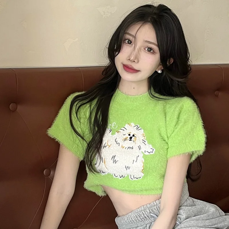 

Женская трикотажная короткая рубашка с коротким рукавом, облегающий жаккардовый пуловер для девушек, весна-лето